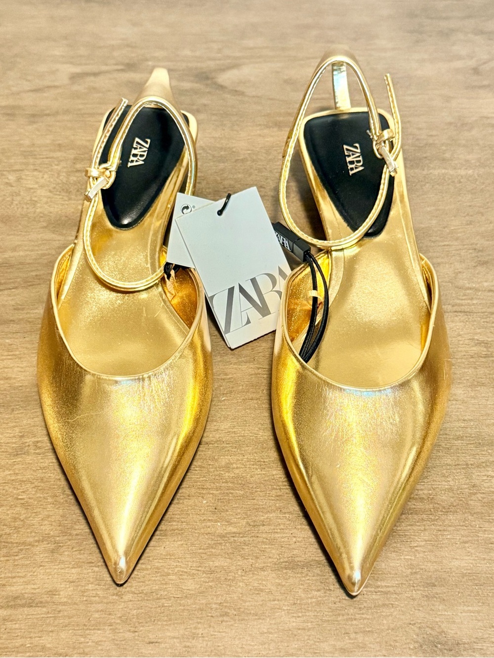 Zara Metallic Gold Pointed Slingback Heels
